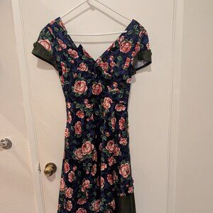 Unique Vintage Navy & Rose Print Swing Dress with Pockets – Small